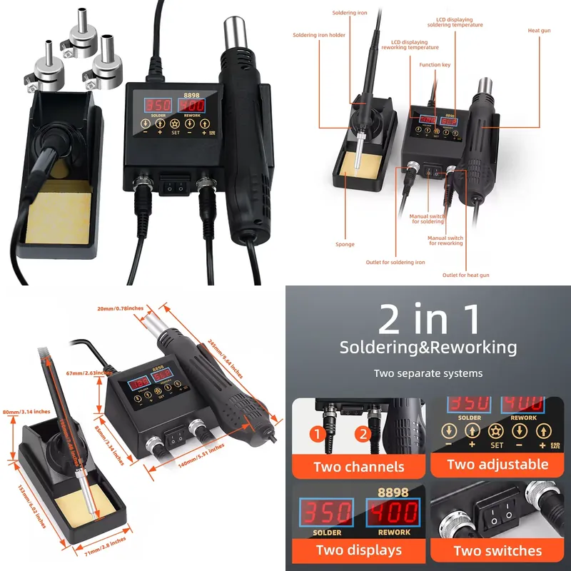 Smd Rework Station Hot Air Soldering 2 In 1 - 60W LEDデジタルディスプレイ熱風はんだごて 2 in 1 SMDリワークはんだ付けステーション